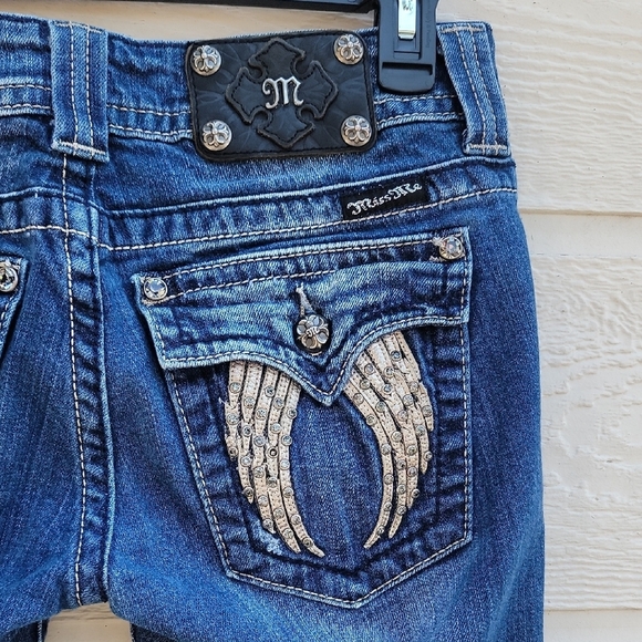 Miss Me Dark Blue Boot Cut Jeans Fallen Angel Wings Gems Rhinestones Embroidered - Picture 11 of 14